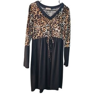 Raw Edge Leopard Print & Black Knit Empire Waist Dress - Size Large - Made in US